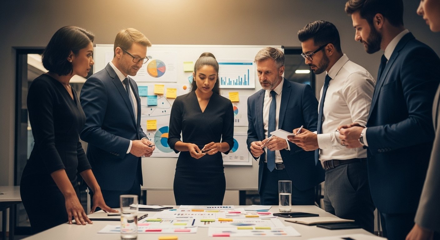 A talent advisor leading a strategic session, writing on a glass whiteboard.