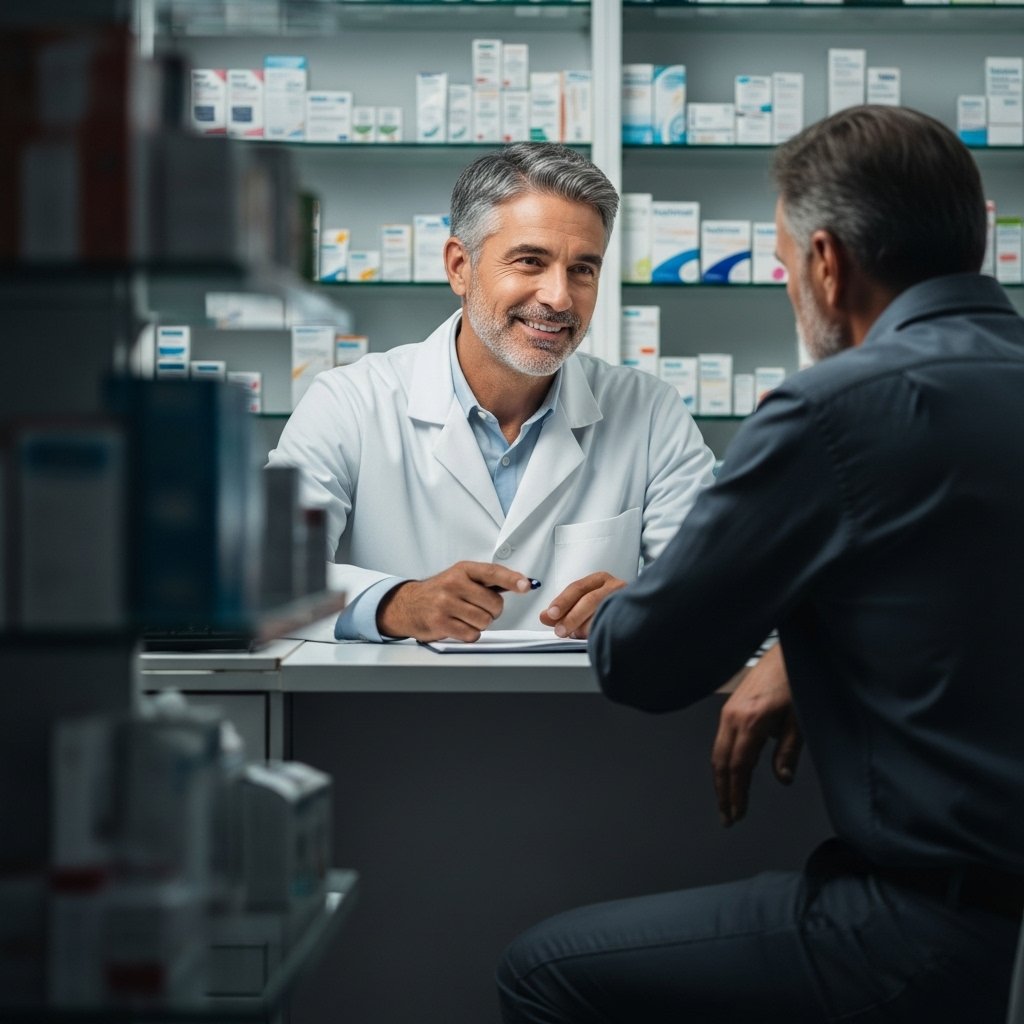A pharmacist consulting with a customer in a clean, modern pharmacy
