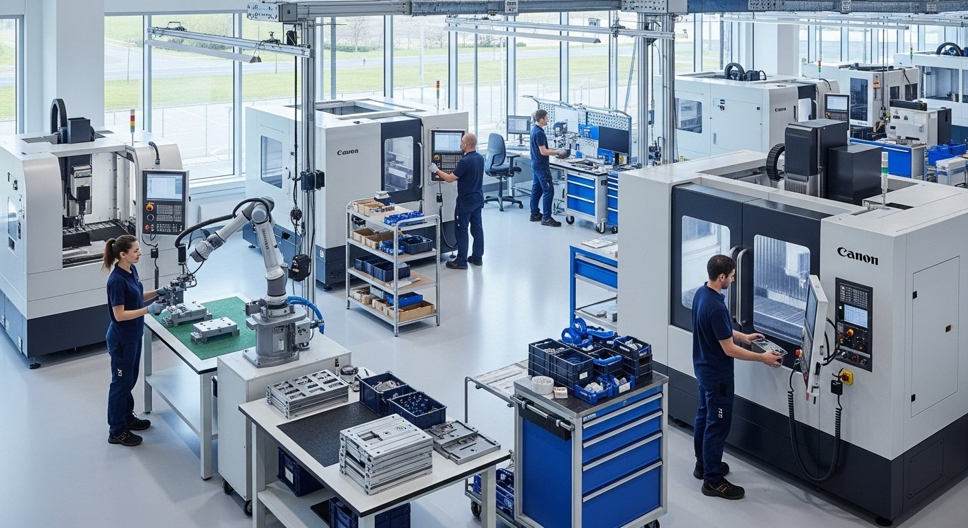 A modern, clean advanced manufacturing facility with robotic arms