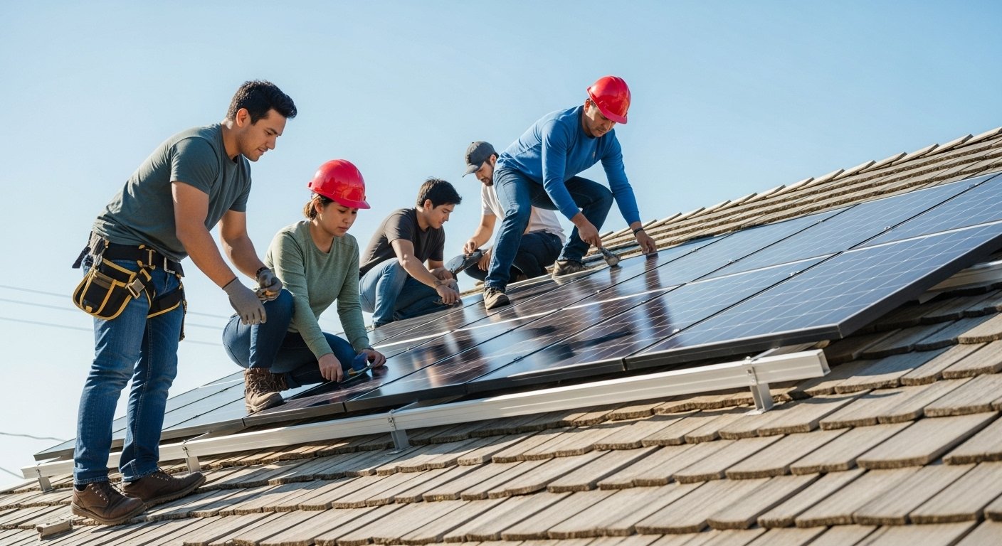Solar panel installer working on a residential roof under a clear blue sky.