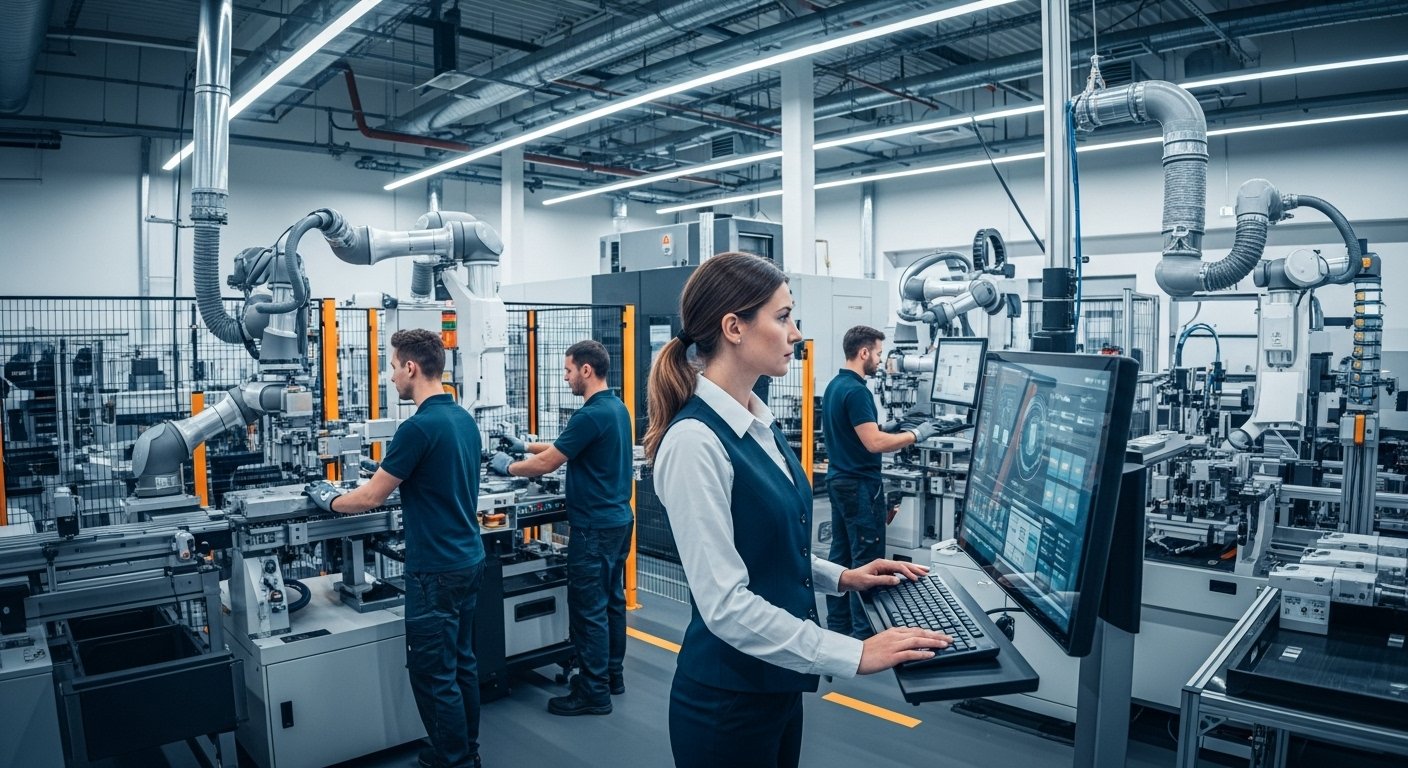 A modern manufacturing facility with a focus on technology and skilled workers