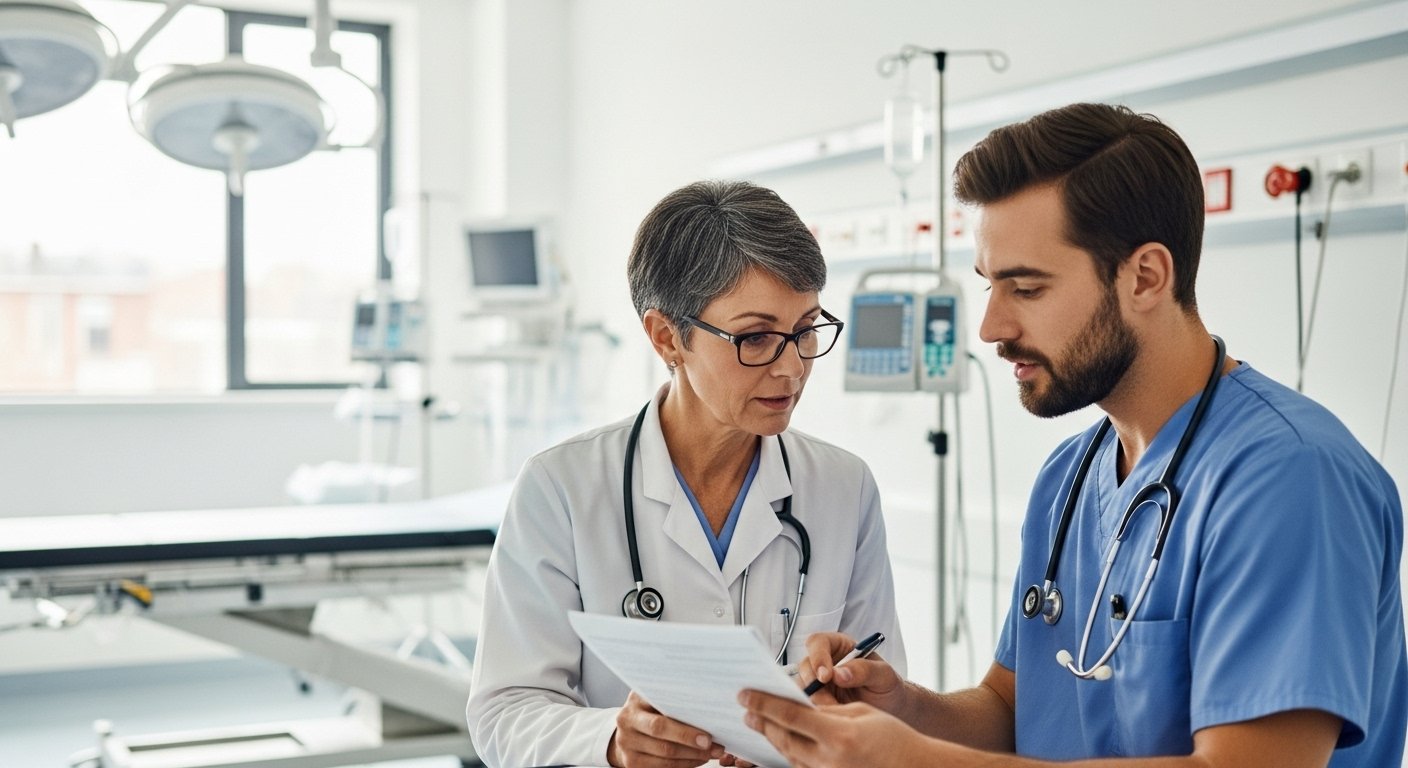 Doctor reviewing patient data on a tablet in a modern hospital